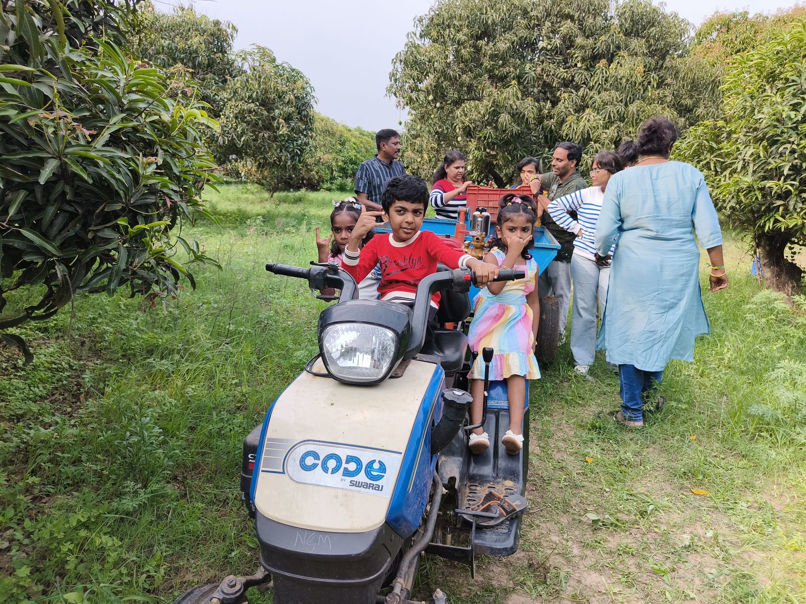 Families on Swaraj tractor in mango orchard